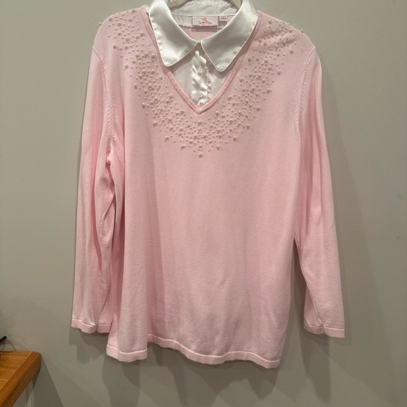 Quacker Factory Pink Sweater White Satin Collar Embellished Pearls Event Sz 1X - Picture 7 of 11